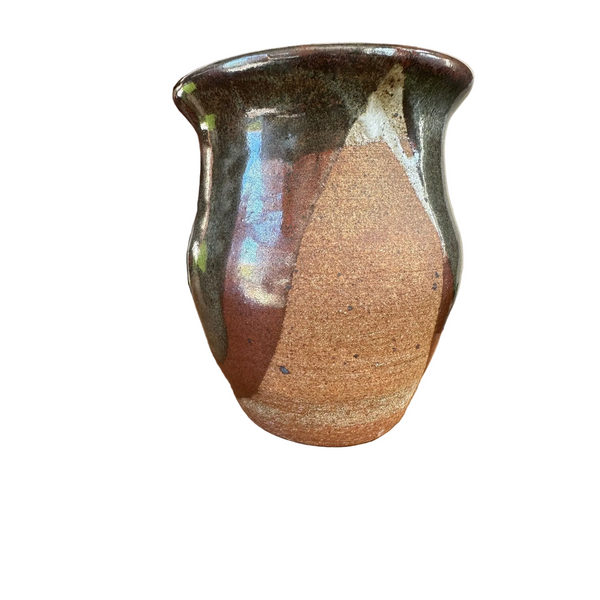 Handcrafted Glazed Ceramic Vase Spouted Rim Rich Earthy Brown Gray Artisan