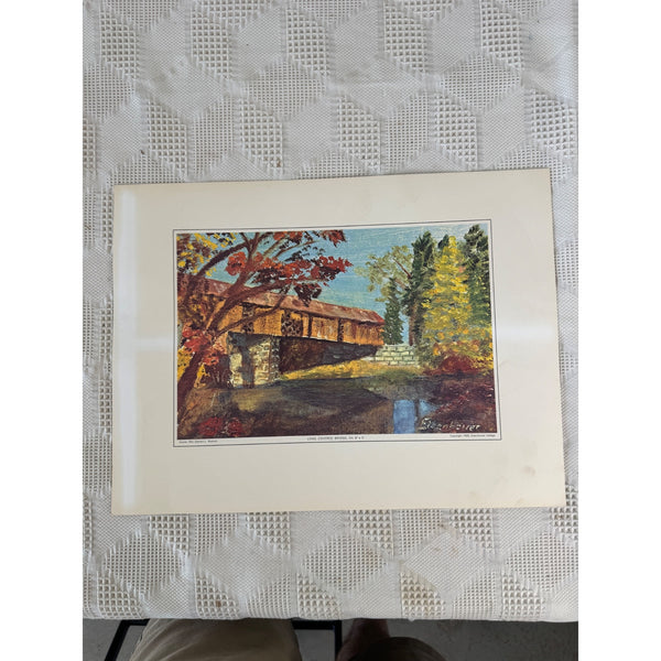 Long Covered Bridge Eisenhower College 1968 Oil Print Autumn Landscape Vintage
