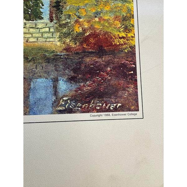 Long Covered Bridge Eisenhower College 1968 Oil Print Autumn Landscape Vintage