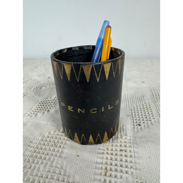 Vintage 1950s Stylecraft Pencil Cup Black and Gold Zigzag Mid Century Design
