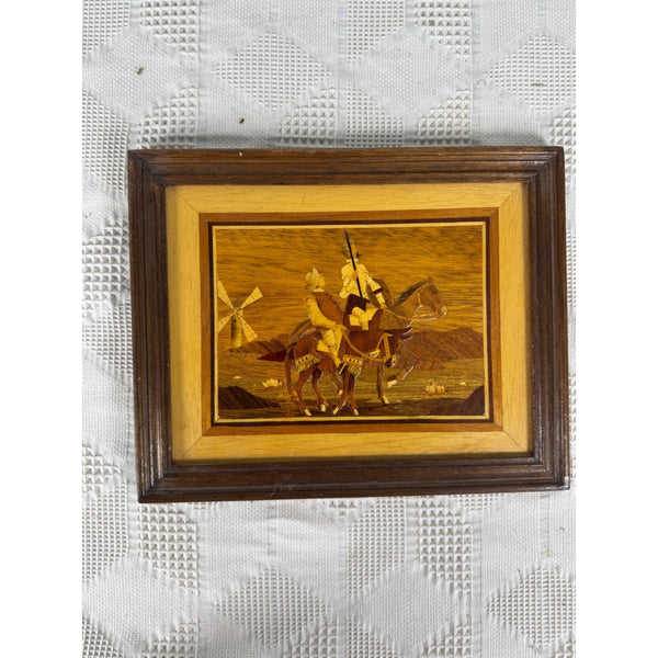 Vintage Marquetry Wood Framed Art Featuring Don Quixote and Sancho Panza  c1960s