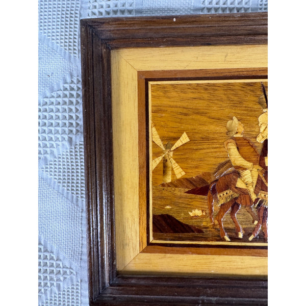 Vintage Marquetry Wood Framed Art Featuring Don Quixote and Sancho Panza  c1960s