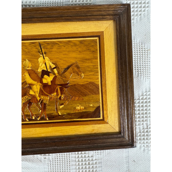 Vintage Marquetry Wood Framed Art Featuring Don Quixote and Sancho Panza  c1960s