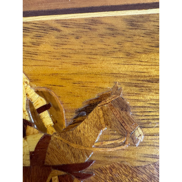 Vintage Marquetry Wood Framed Art Featuring Don Quixote and Sancho Panza  c1960s