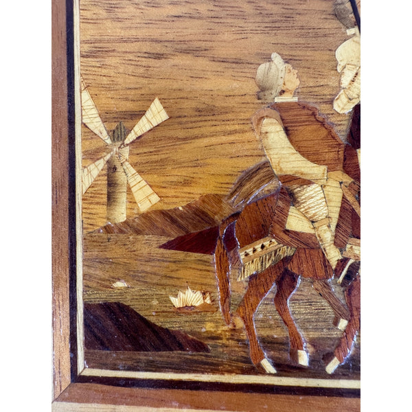 Vintage Marquetry Wood Framed Art Featuring Don Quixote and Sancho Panza  c1960s