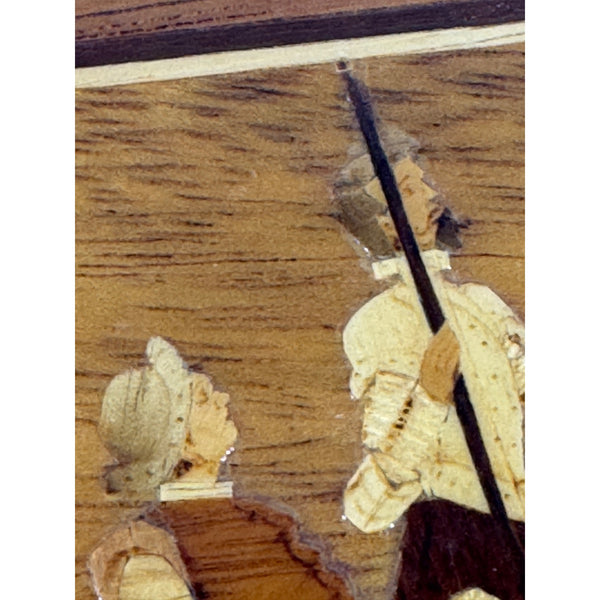 Vintage Marquetry Wood Framed Art Featuring Don Quixote and Sancho Panza  c1960s