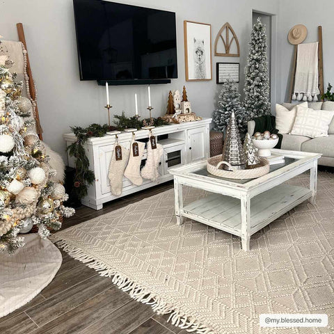 Ramsbury Beige Trellis Wool Rug in farmhouse living room