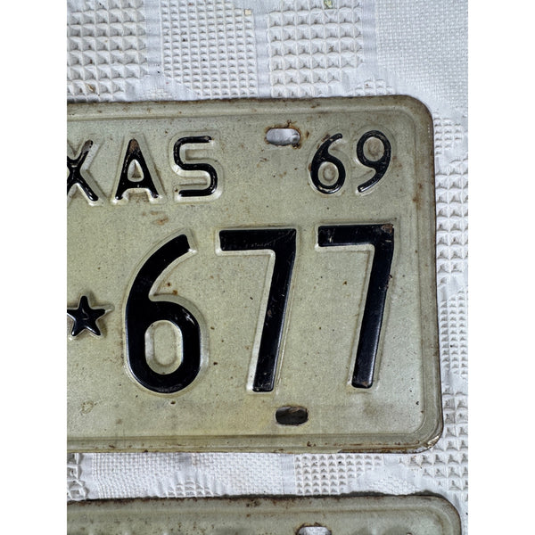 Vintage 1969 Texas License Plate Pair DRR 677 White w Embossed Black Lettering
