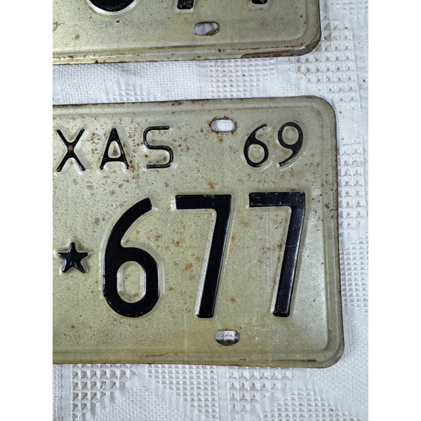 Vintage 1969 Texas License Plate Pair DRR 677 White w Embossed Black Lettering