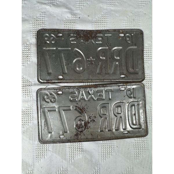Vintage 1969 Texas License Plate Pair DRR 677 White w Embossed Black Lettering