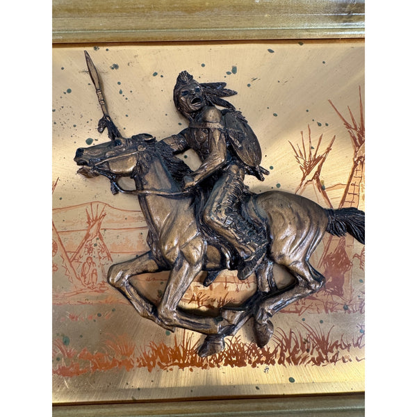 Vintage John Louw Copper Embossed Wall Art Of Native American On Horse 1970s