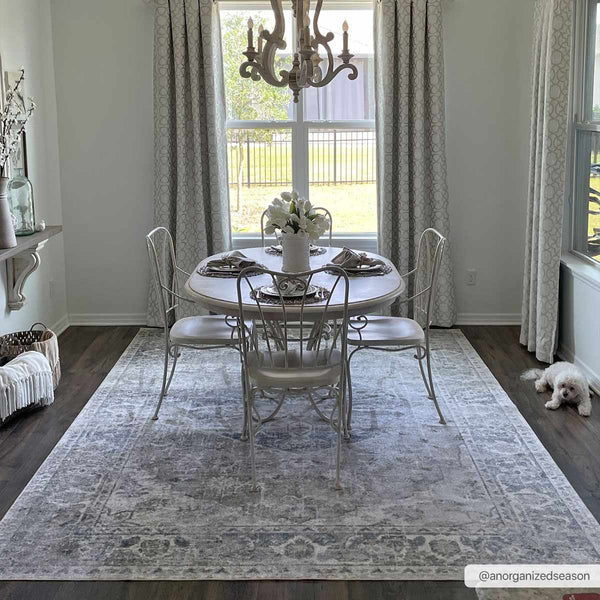 Rudo Blue Washable Area Rug in dining room