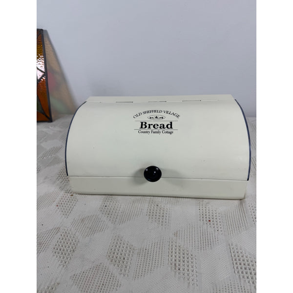 Old Sheffield Village Metal Bread Box Country Cottage Design Cream Vintage Style (gently used)