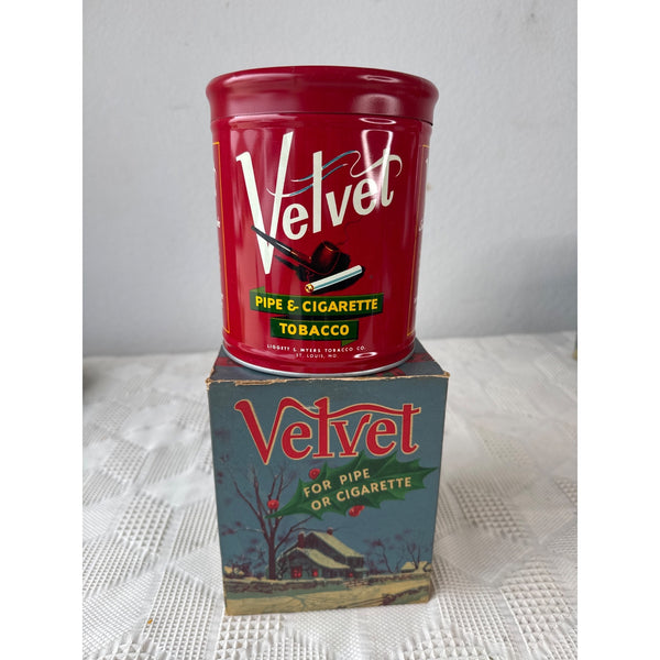 Vintage Velvet Pipe Tobacco Tin w Rare Original Christmas Holiday Themed Box