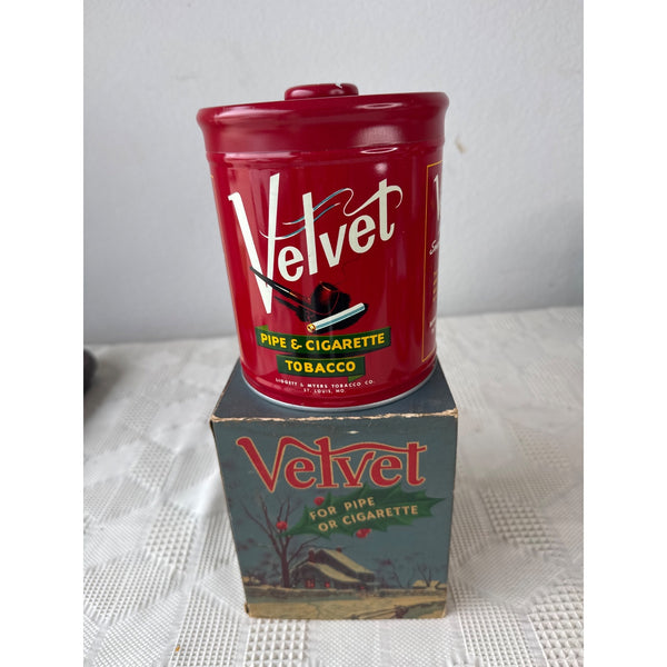Vintage Velvet Pipe Tobacco Tin w Rare Original Christmas Holiday Themed Box