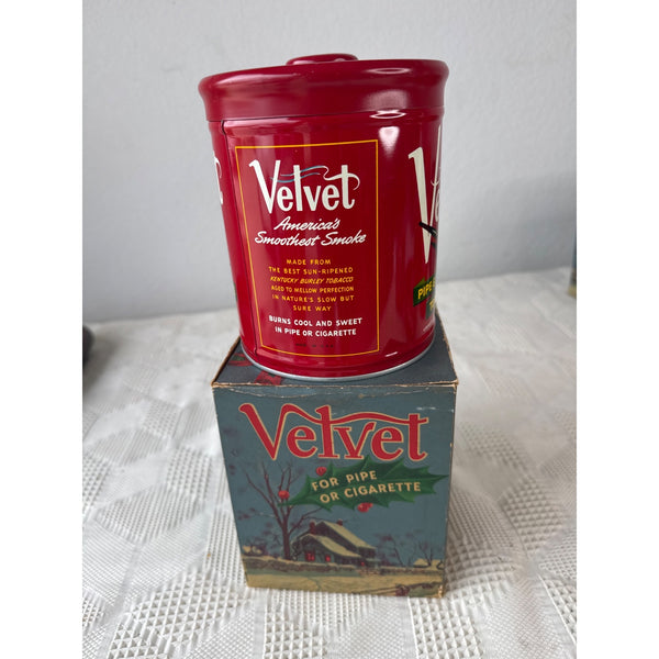 Vintage Velvet Pipe Tobacco Tin w Rare Original Christmas Holiday Themed Box