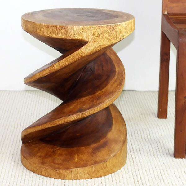 Wood Spiral Zig Zag End Table 15 D x 20 inch High Walnut Oil staged as living room side table