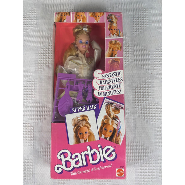 Vintage Barbie hair styling toy in its original pink packaging, featuring a doll with blonde hair and illustrations of hairstyles on a textured white background.