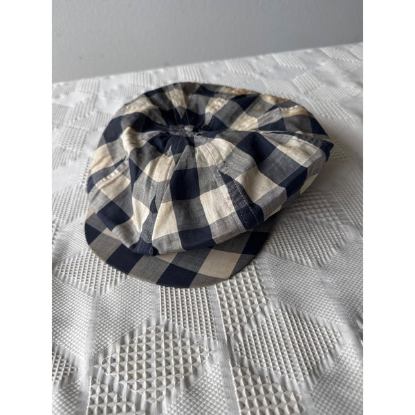 Vintage Navy Beige Checkered Gingham Newsboy or Golf Cap w Button Snap Brim