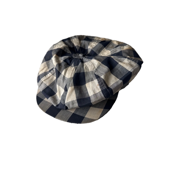 Vintage Navy Beige Checkered Gingham Newsboy or Golf Cap w Button Snap Brim