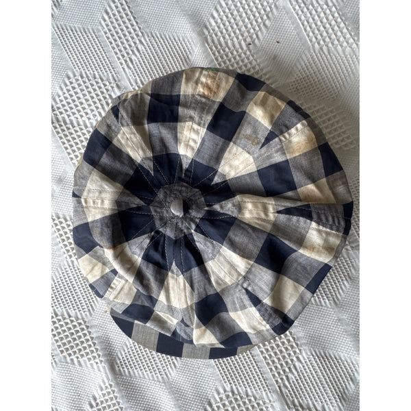 Vintage Navy Beige Checkered Gingham Newsboy or Golf Cap w Button Snap Brim
