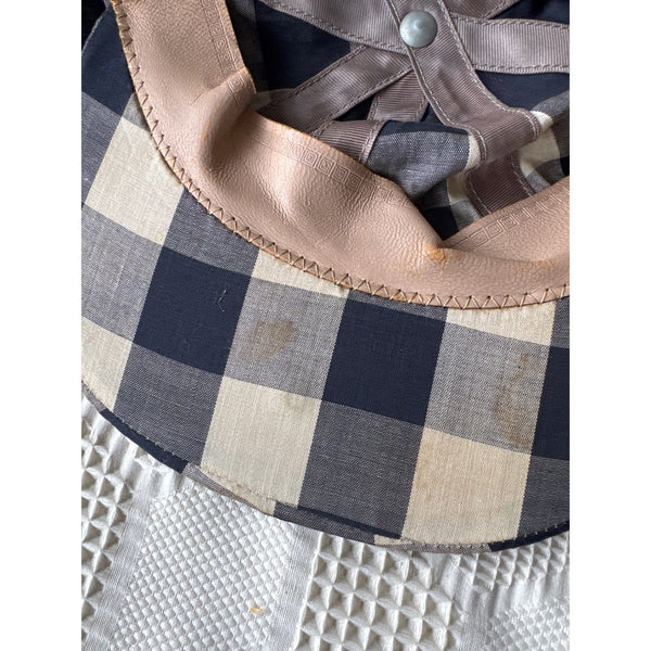 Vintage Navy Beige Checkered Gingham Newsboy or Golf Cap w Button Snap Brim