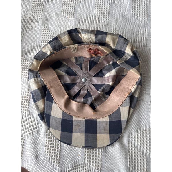 Vintage Navy Beige Checkered Gingham Newsboy or Golf Cap w Button Snap Brim