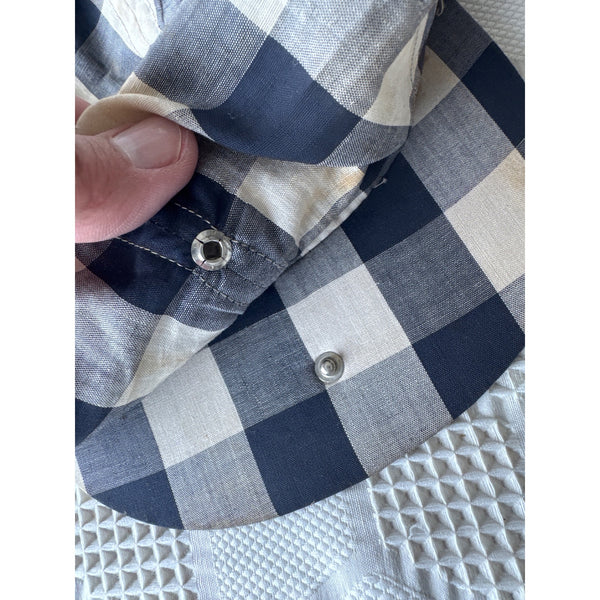 Vintage Navy Beige Checkered Gingham Newsboy or Golf Cap w Button Snap Brim