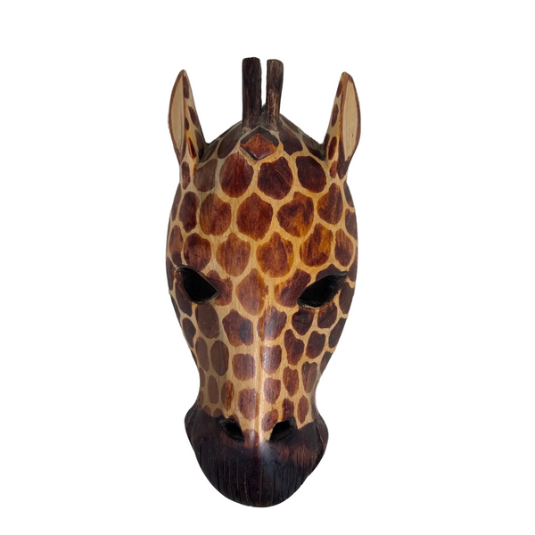 Hand Carved Giraffe Mask Wall Decor Rustic African Animal Art Wooden Tribal . A carved wooden giraffe head mask with a natural spotted pattern in shades of brown and tan, displayed on a textured white paper towel.