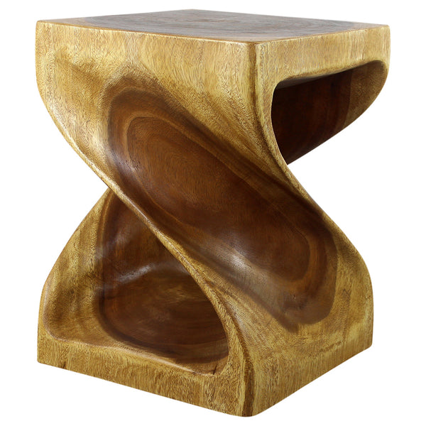 Wood Twist End Table 15 x 15 x 20 Inch High Oak Oil showing natural wood grain