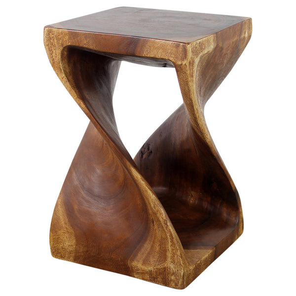 Wood Twist End Table 15 x 15 x 23 inch High Walnut Oil side and top view