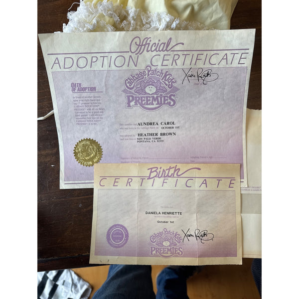 Pair of Cabbage Patch Kids Preemies Dolls w Adoption Certificate Birth Vintage