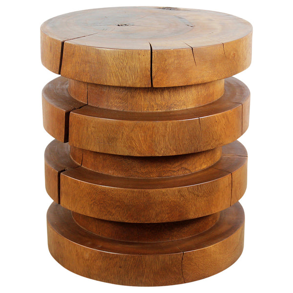 Wood Towering Rings Table 18 in DIA x 20 in H Walnut Oil side view with natural imperfections