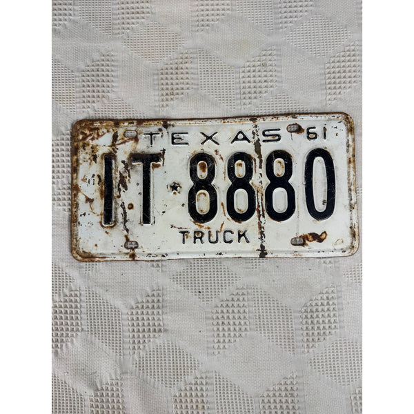 Vintage 1961 Texas Truck License Plate IT 8880 White w Embossed Black Lettering