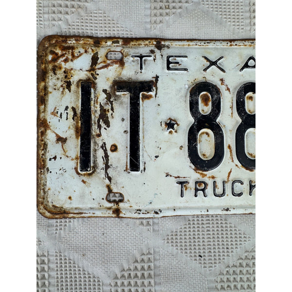 Vintage 1961 Texas Truck License Plate IT 8880 White w Embossed Black Lettering