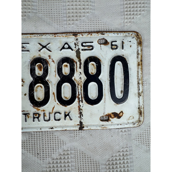 Vintage 1961 Texas Truck License Plate IT 8880 White w Embossed Black Lettering