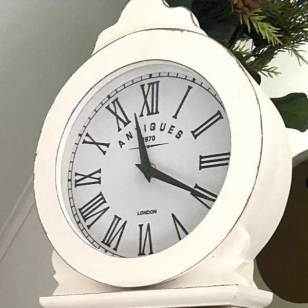 Tabletop Mora Clock with Storage clock face closeup