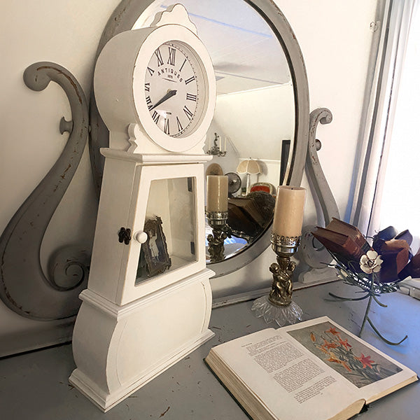 Tabletop Mora Clock with Storage on dresser