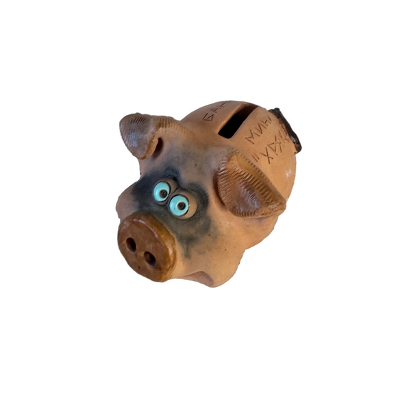 Mini Eastern European Folk Art Piggy Bank Clay w Funny Face Handcrafted Details