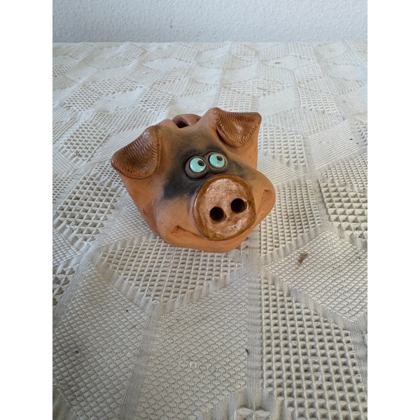 Mini Eastern European Folk Art Piggy Bank Clay w Funny Face Handcrafted Details