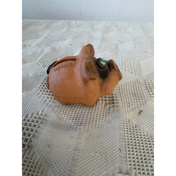 Mini Eastern European Folk Art Piggy Bank Clay w Funny Face Handcrafted Details