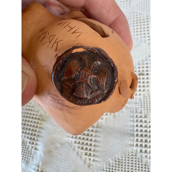 Mini Eastern European Folk Art Piggy Bank Clay w Funny Face Handcrafted Details