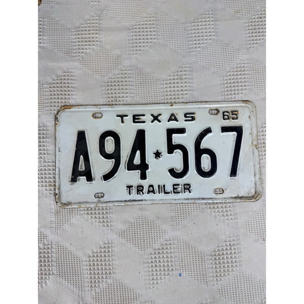 Vintage 1965 Texas Trailer License Plate A94 567 White Embossed Black Lettering