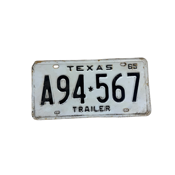 Vintage 1965 Texas Trailer License Plate A94 567 White Embossed Black Lettering