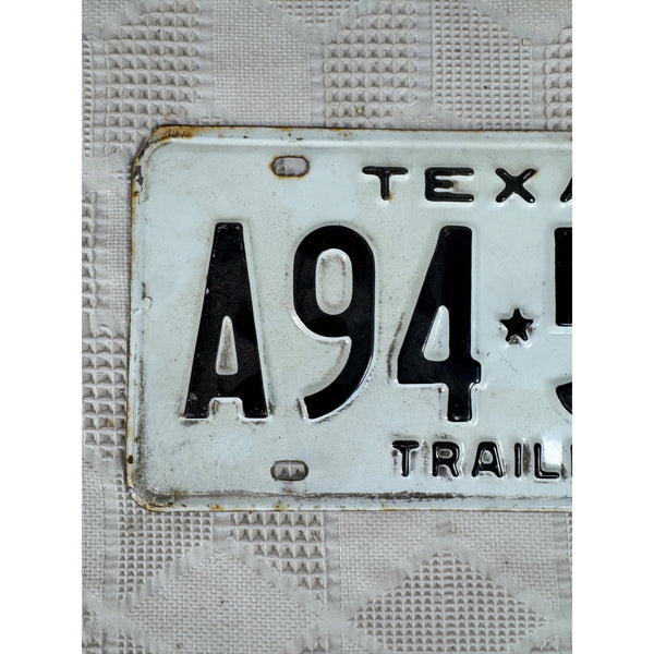 Vintage 1965 Texas Trailer License Plate A94 567 White Embossed Black Lettering