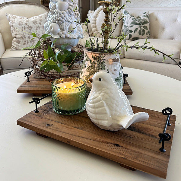 Rustic Wood and Metal Trays displayed on coffee table