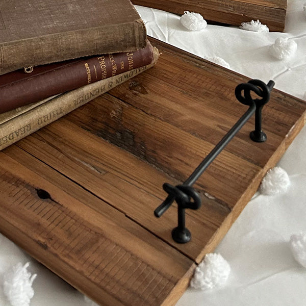 Rustic Wood and Metal Trays iron handle closeup