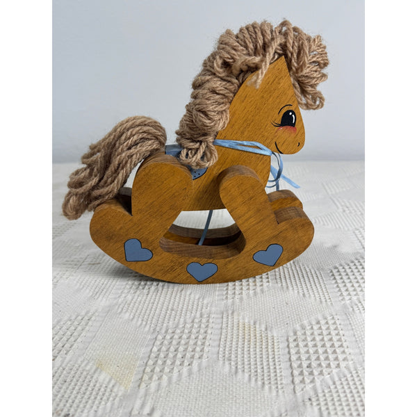 Handcrafted Wood Rocking Horse Decor Heart Accents & Yarn Mane Country Farmhouse