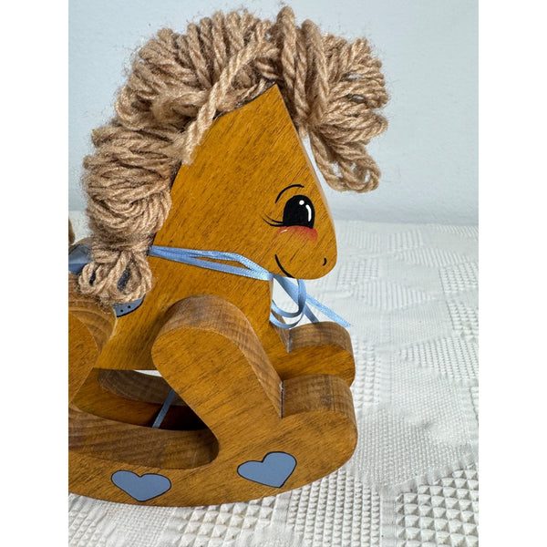 Handcrafted Wood Rocking Horse Decor Heart Accents & Yarn Mane Country Farmhouse