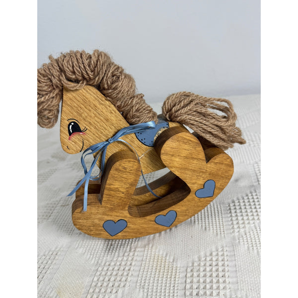 Handcrafted Wood Rocking Horse Decor Heart Accents & Yarn Mane Country Farmhouse